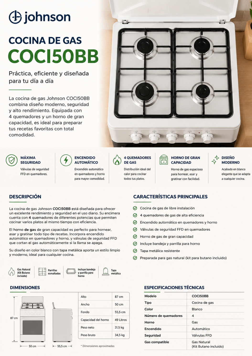 Cocina de gas Johnson COCI50BB - Imagen 2