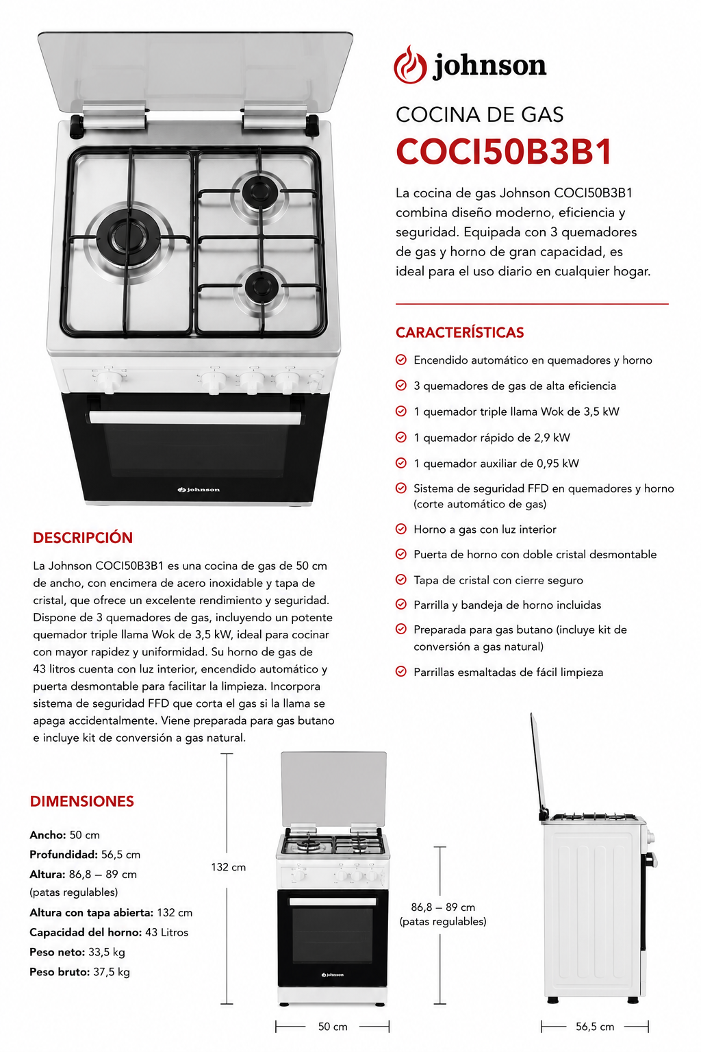 Cocina de gas Johnson COCI50B3B1 - Imagen 3