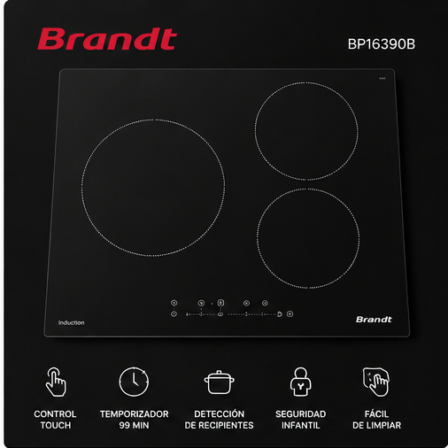 Brandt BP16390B – Placa de Inducción 60 cm, 3 Zonas - Imagen 3