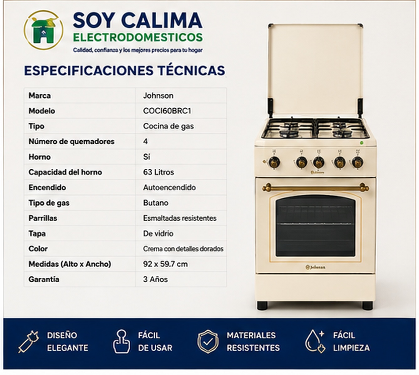 Cocina de gas Johnson COCI60BRC1 - Imagen 4