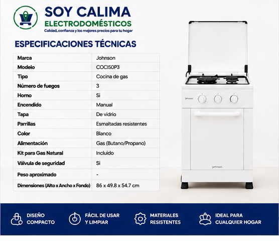 Cocina de gas Johnson COCI50P3 - Imagen 5