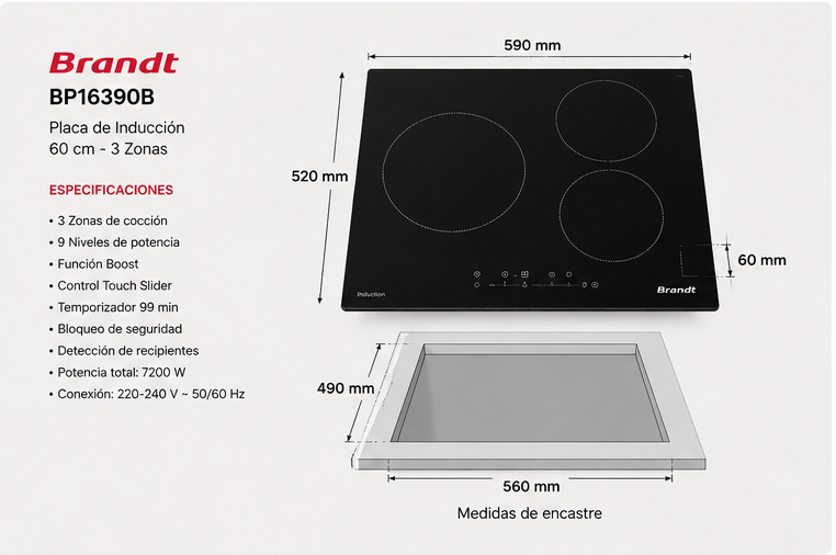Brandt BP16390B – Placa de Inducción 60 cm, 3 Zonas - Imagen 5