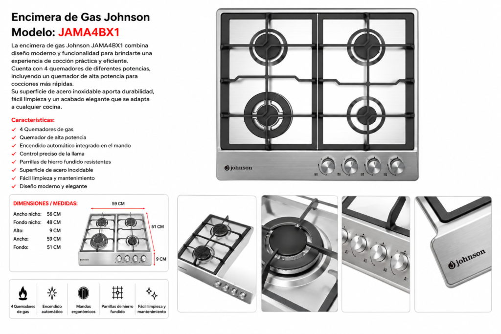Encimera de Gas Johnson Jama4BX1 – 4 Fuegos
