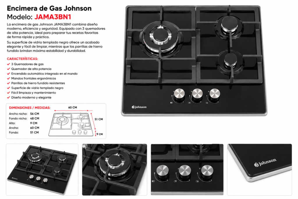 Encimera de Gas Johnson Jama3BN1 – 3 Fuegos