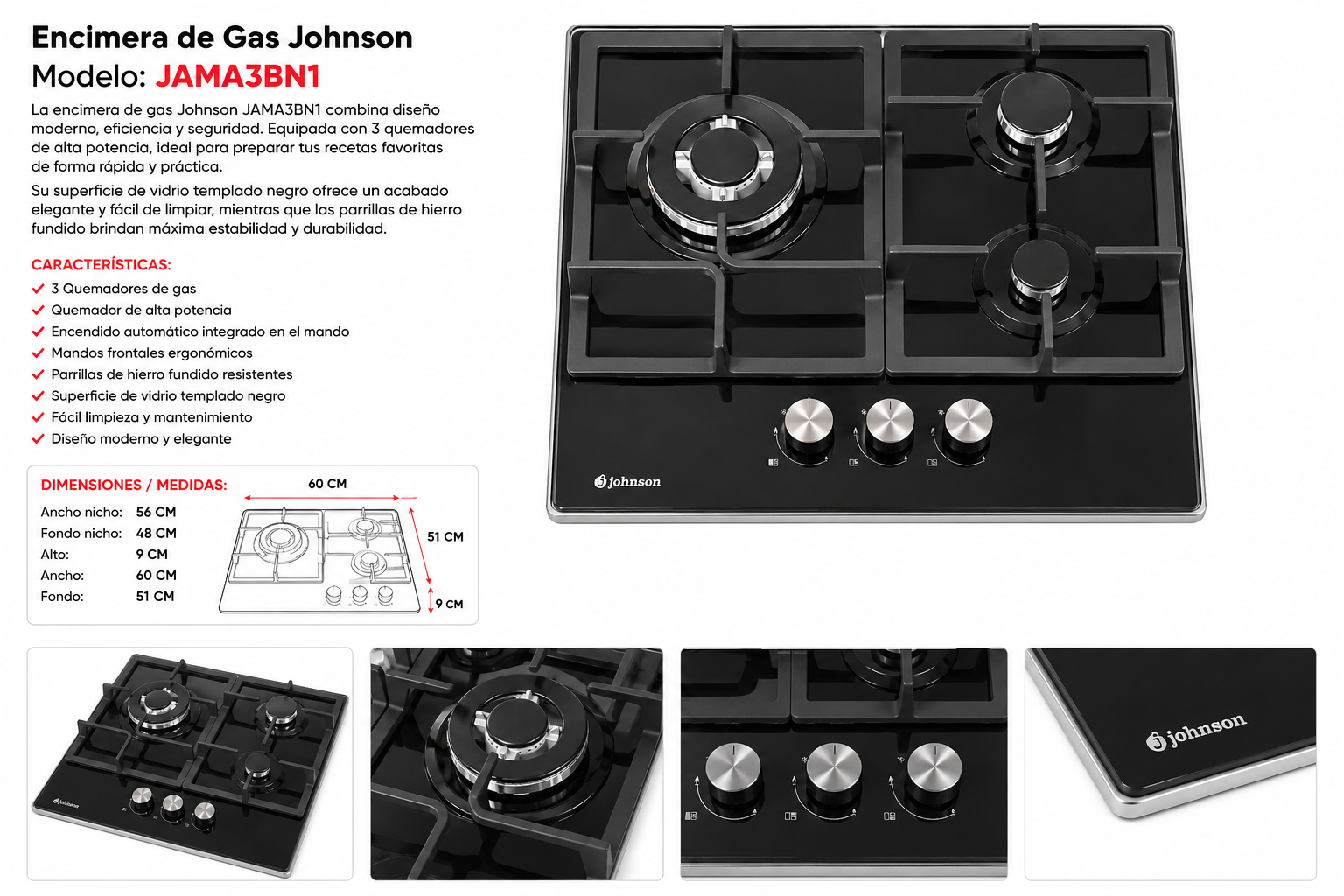 Encimera de Gas Johnson Jama3BN1 – 3 Fuegos