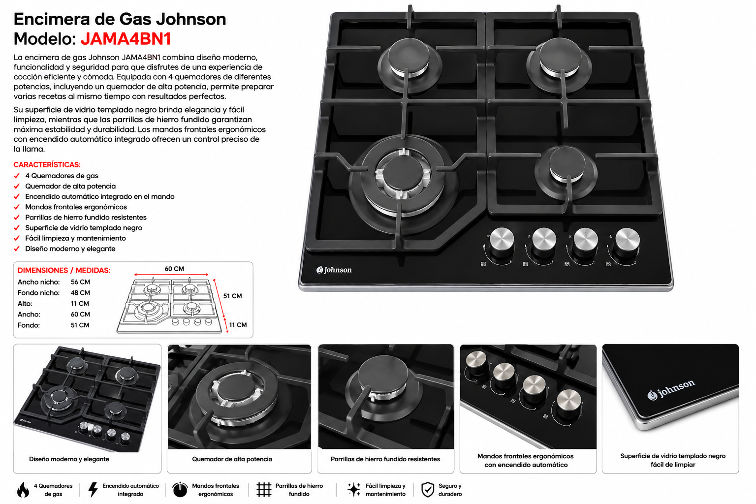 Encimera de Gas Johnson Jama4BN1 – 4 Fuegos
