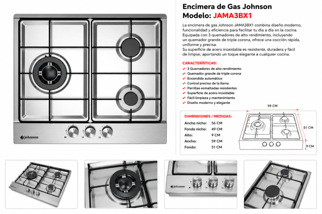 Encimera de Gas Johnson Jama3BX1 – 3 Fuegos