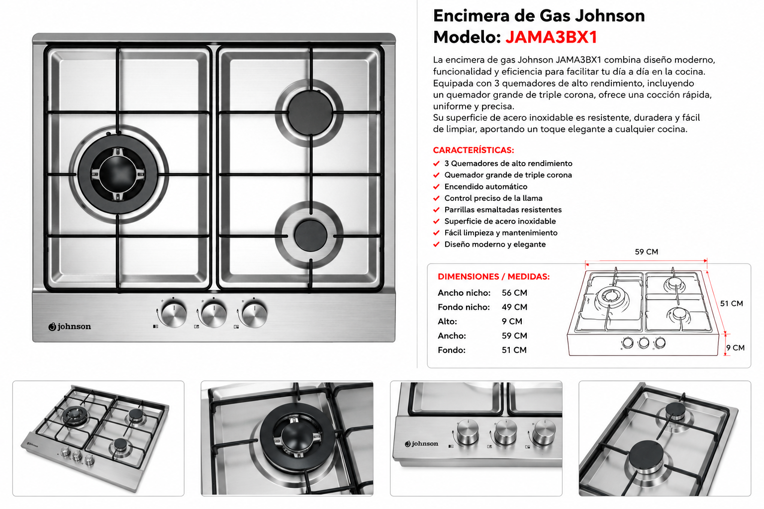 Encimera de Gas Johnson Jama3BX1 – 3 Fuegos