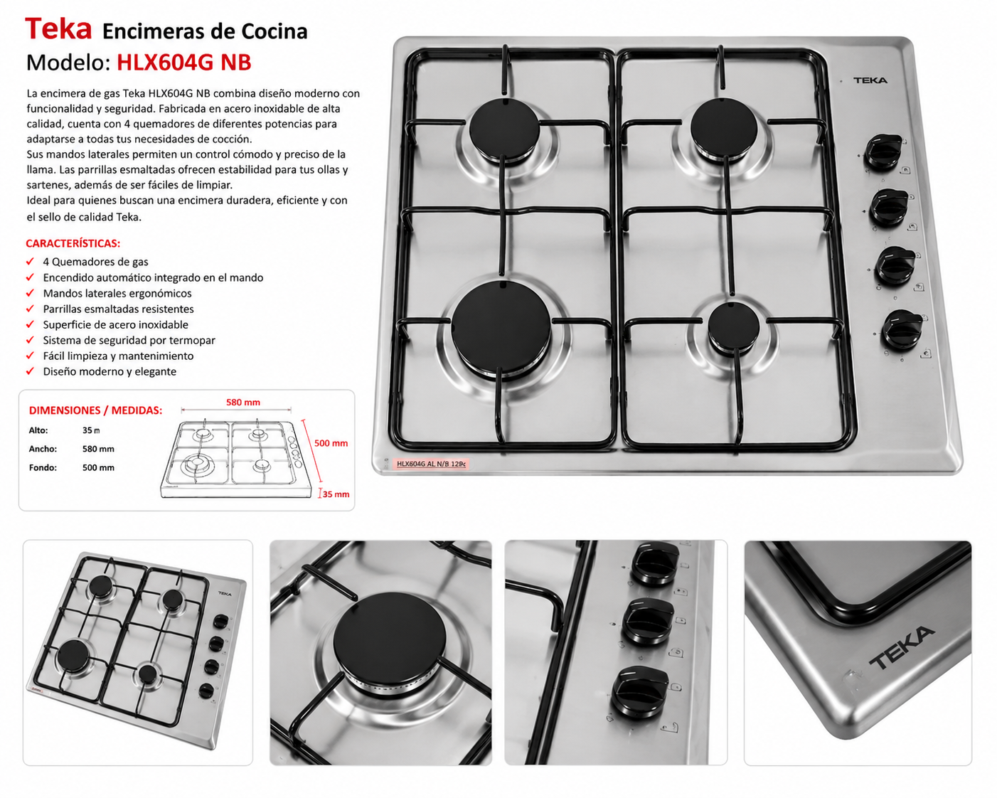 Teka encimeras de cocina HLX604G N/B- 4 Fueos