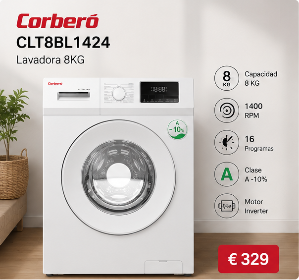 Lavadora Corberó 8KG – Modelo CLT8BL1424