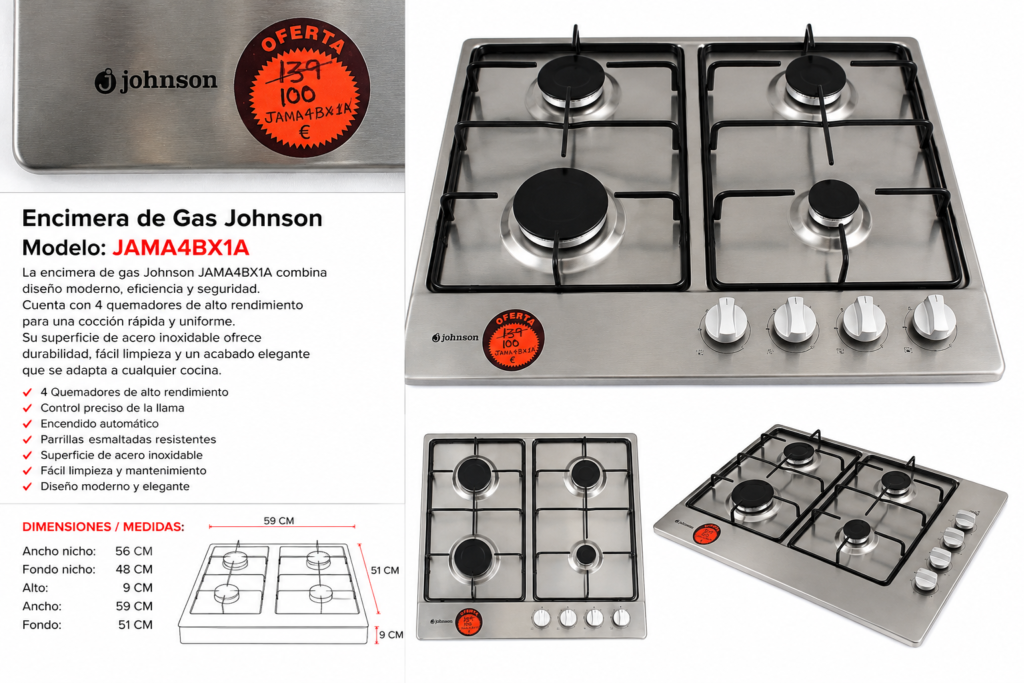 Encimera de Gas Johnson JAMA4BX1A – 4 Fuegos